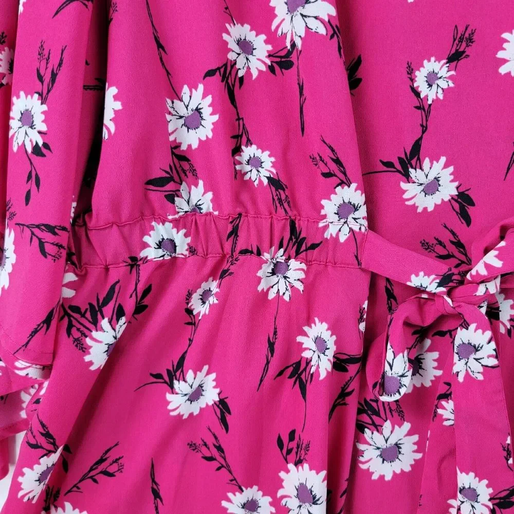 Lane Bryant Blouse Women 26/28 Pink Floral Print Bat Flared Sleeve Kimono Belted - Picture 6 of 14